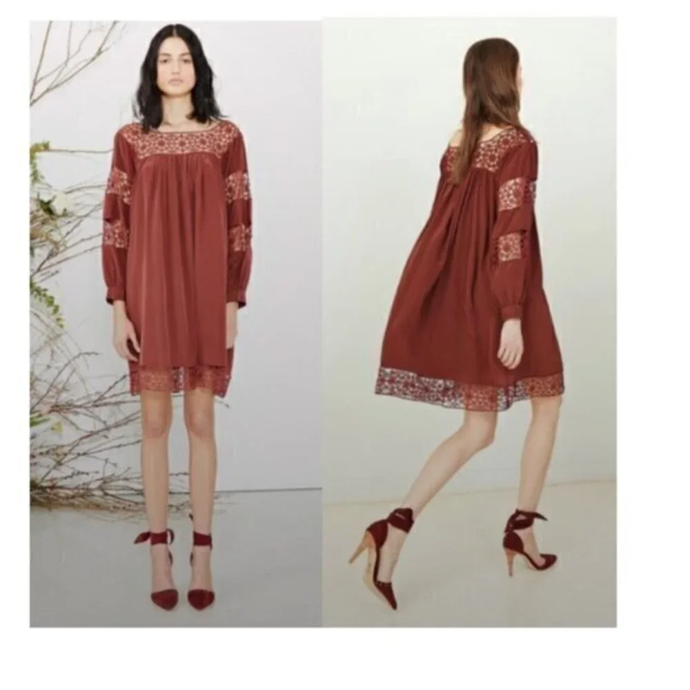 ✅ Ulla Johnson Dress Odile Crochet Mini Long Sleeve in Burgundy